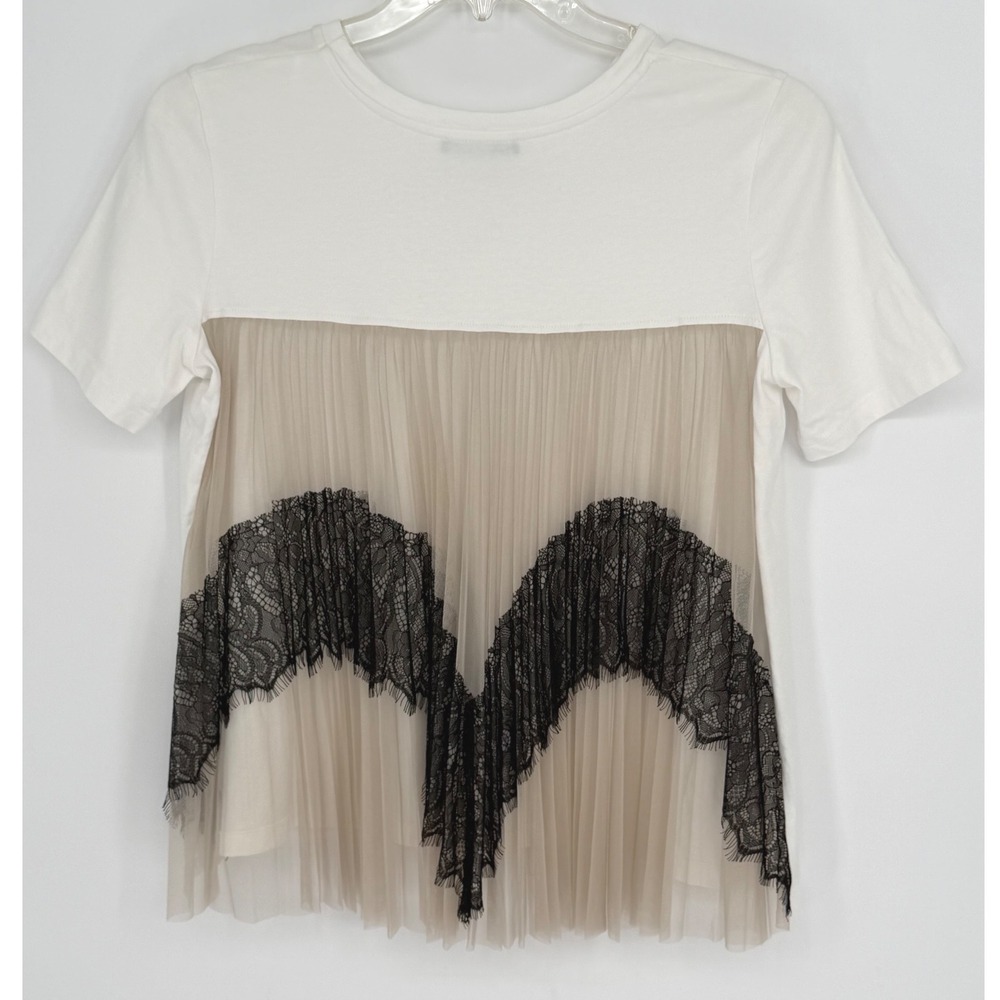 ZARA White Lace Trim Tulle Sheer Back T Shirt Top Women's M Bohemian Chic 100-60 - Picture 13 of 13